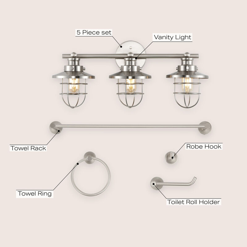 Ellis 24" 3-Light Industrial Farmhouse Vanity Light with Bathroom Hardware Accessory 5-Piece Set