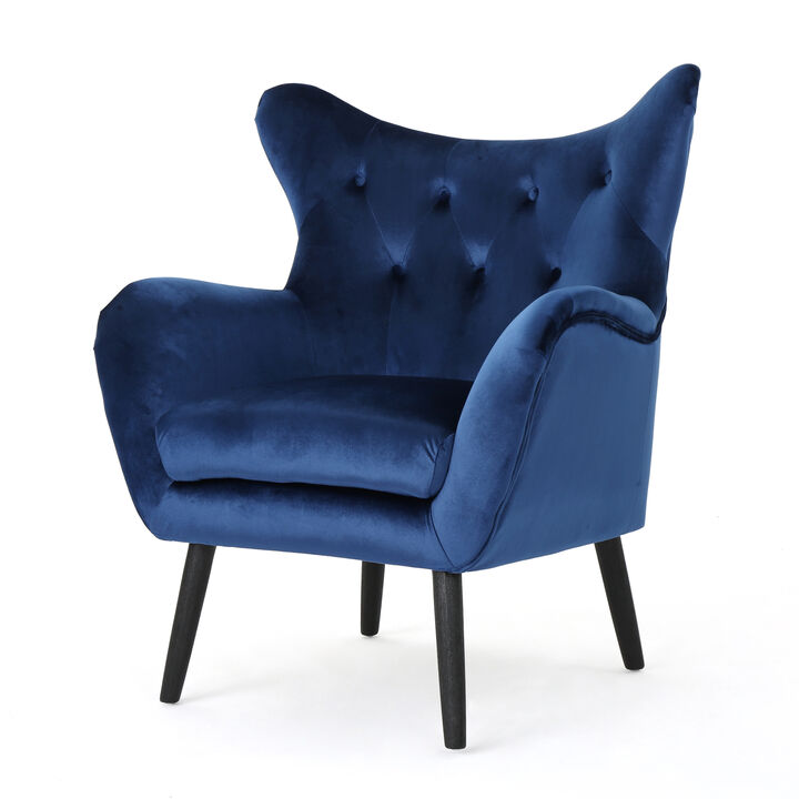 Siyan Accent Armchair, Navy Blue Velvet, Tufted Wingback, Black Wood Legs - Benzara