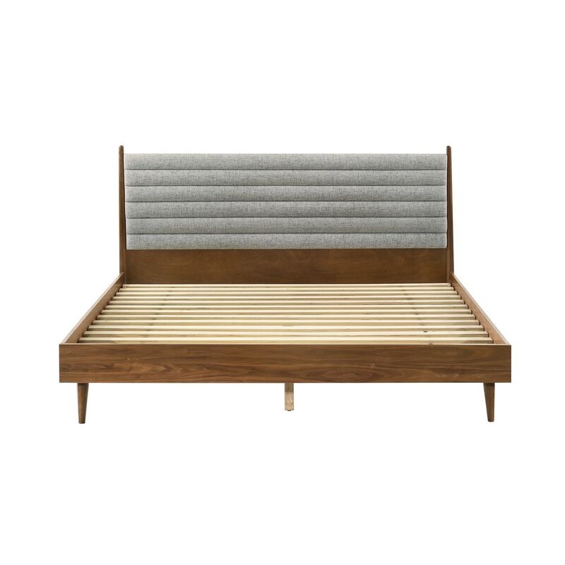 Benjara Mian King Platform Bed Frame, Channel Tufted, Walnut, Upholstery, Brown and Gray