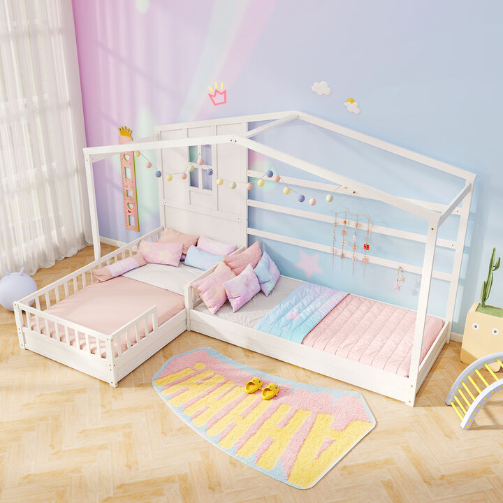 L-shaped Double House Platform Beds with Fences Corner Bed Frame