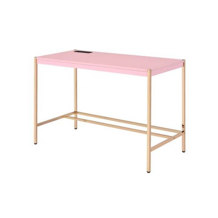 Writing Desk with USB Dock and Metal Legs, Pink and Rose Gold-Benzara