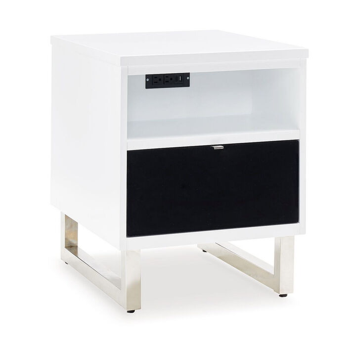 Tonny Chair Side Table, Dual USB Ports, Black Glass, White, 24 Inch - Benzara