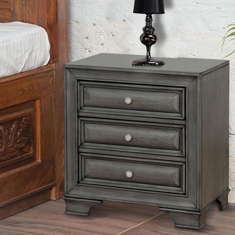 Transitional Wood Nightstand With Night Light, Gray-Benzara