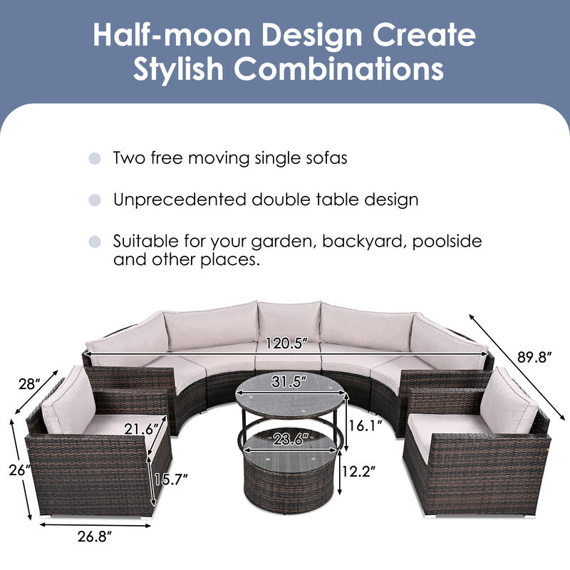 Whisen Modern Style Outdoor Half-moon Patio Sofa Set, 9-Pieces Round Sofa Set - Beige