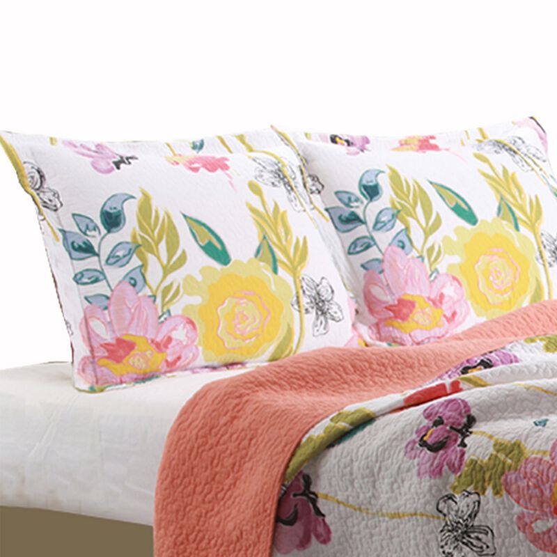 3 Piece Cotton Full Size Quilt Set with Stencil Flower Print, Multicolor - Benzara