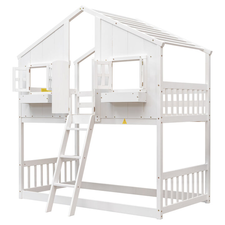 Twin Over Twin House Bunk Bed With Roof, Window, Window Box, Door, With Safety Guardrails