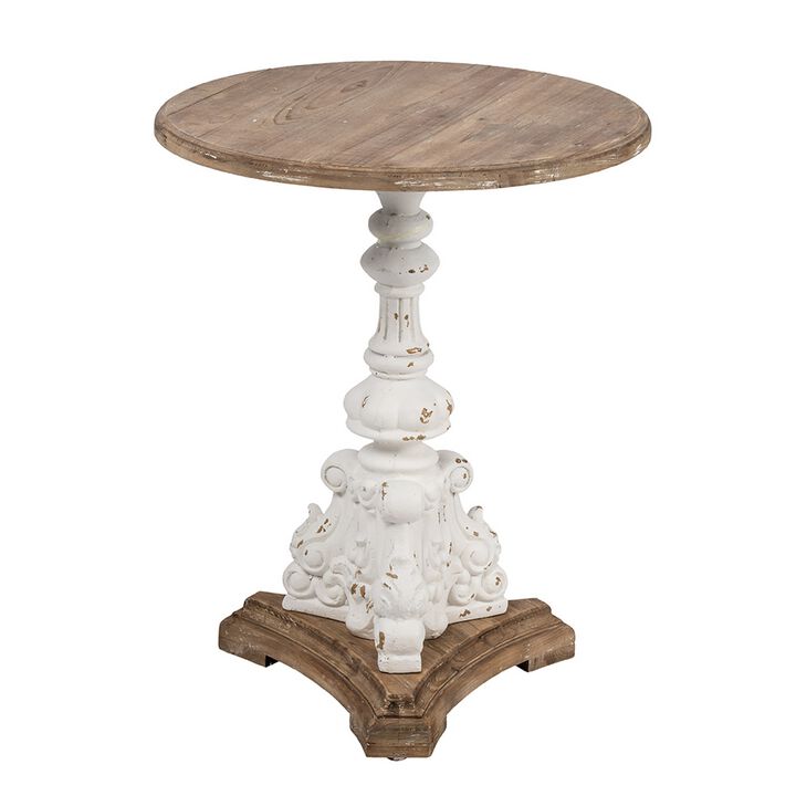 27 Inch Side End Table, Mango Wood, Round, Turned Pedestal, White, Brown-Benzara