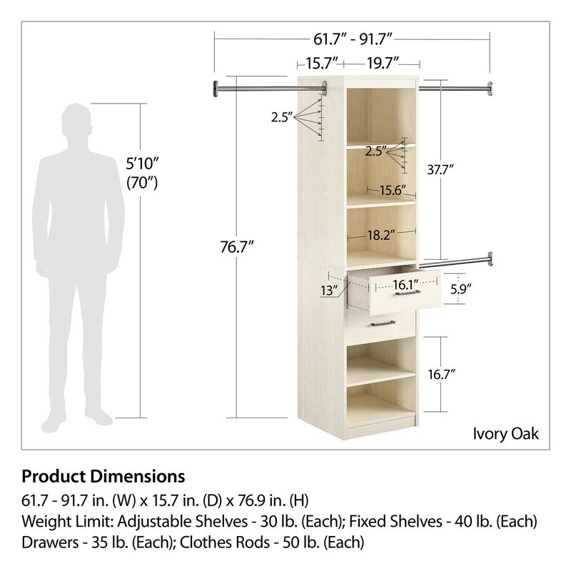 Kelly 5 Shelf / 2 Drawer Closet Organizer with 3 Adjustable Hanging Rods