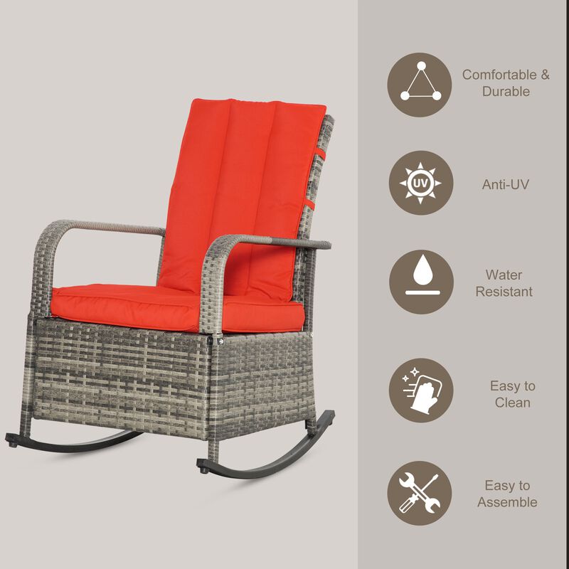 Red Outdoor Comfort: Wicker Rocking Chair with Adjustable Footrest