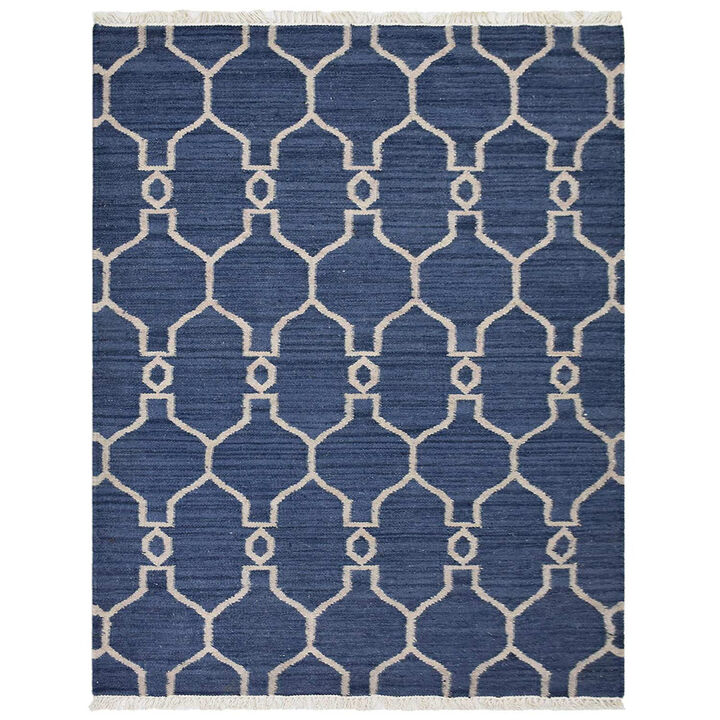 RUGSOTIC CARPETS HAND WOVEN FLAT WEAVE KILIM WOOL ECO-FRIENDLY AREA RUGS  - 4'x6', Rectangle Shape, Blue White Color, Contemporary Modern Design, Low Pile Handmade Rugs for Living Room (D00129)