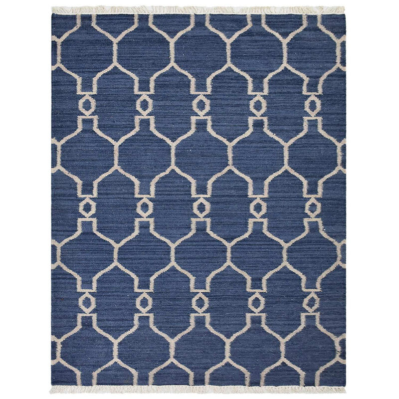 RUGSOTIC CARPETS HAND WOVEN FLAT WEAVE KILIM WOOL ECO-FRIENDLY AREA RUGS  - 4'x6', Rectangle Shape, Blue White Color, Contemporary Modern Design, Low Pile Handmade Rugs for Living Room (D00129)