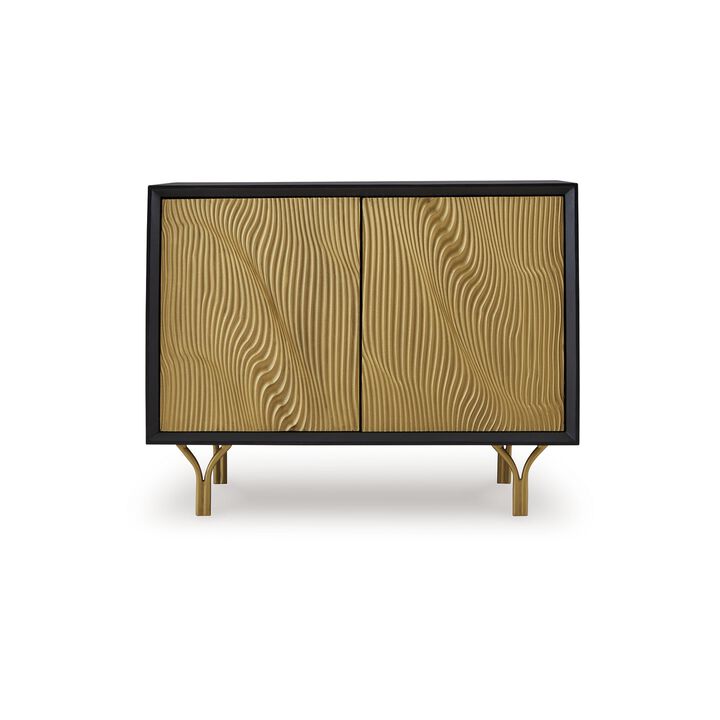 Yien Sideboard Console, 2 Carved Doors, Gold Legs, Black Wood 40 Inch - Benzara