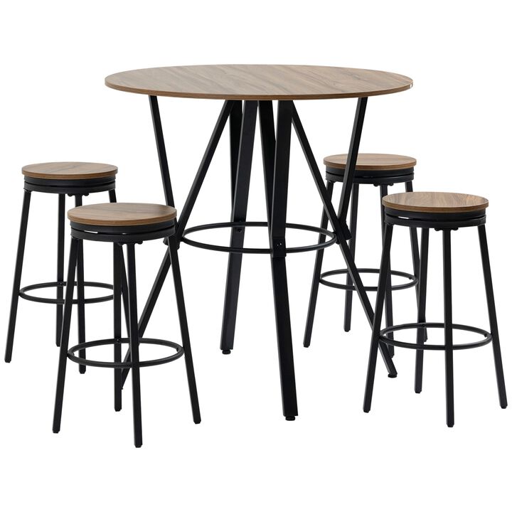 Light Brown Pub Set: 5-Piece Industrial Bar Table with Swivel Stools