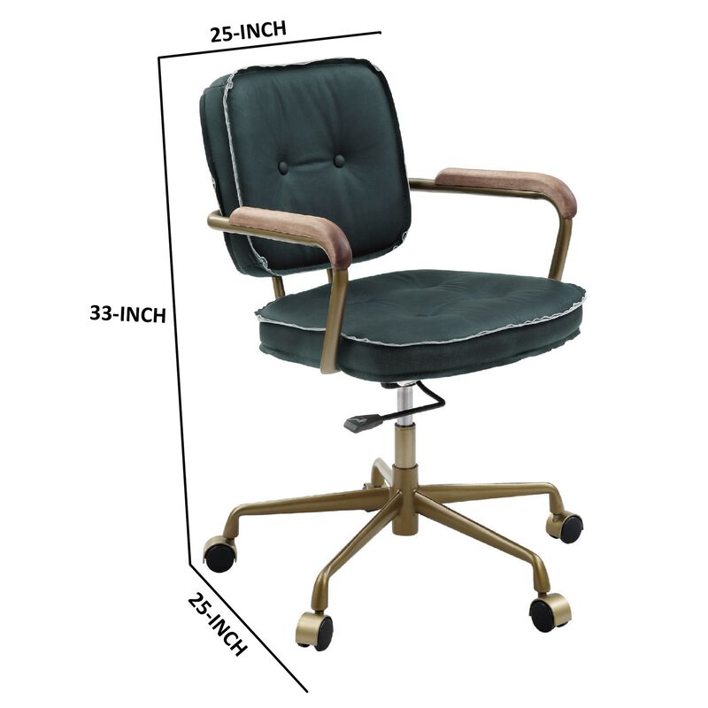 Office Chair with Leather Seat and Button Tufted Back, Green-Benzara