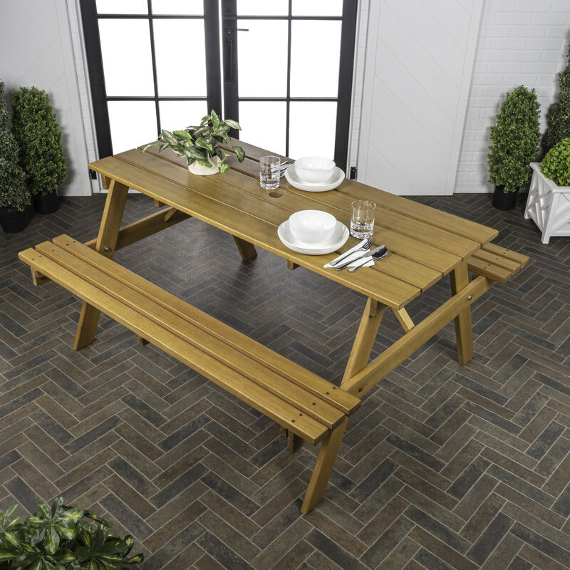 Shoreham Modern Classic Outdoor Wood Picnic Table Benches with Umbrella Hole