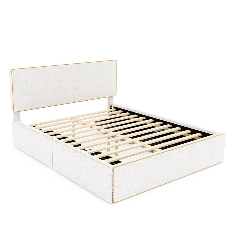 Streamdale White Upholstered Platform Bed with 4 Drawers and Golden Edge