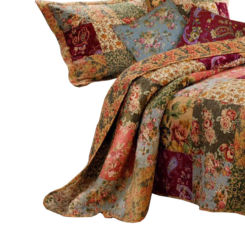 Kamet 5 Piece Fabric King Size Quilt Set with Floral Prints, Multicolor - Benzara