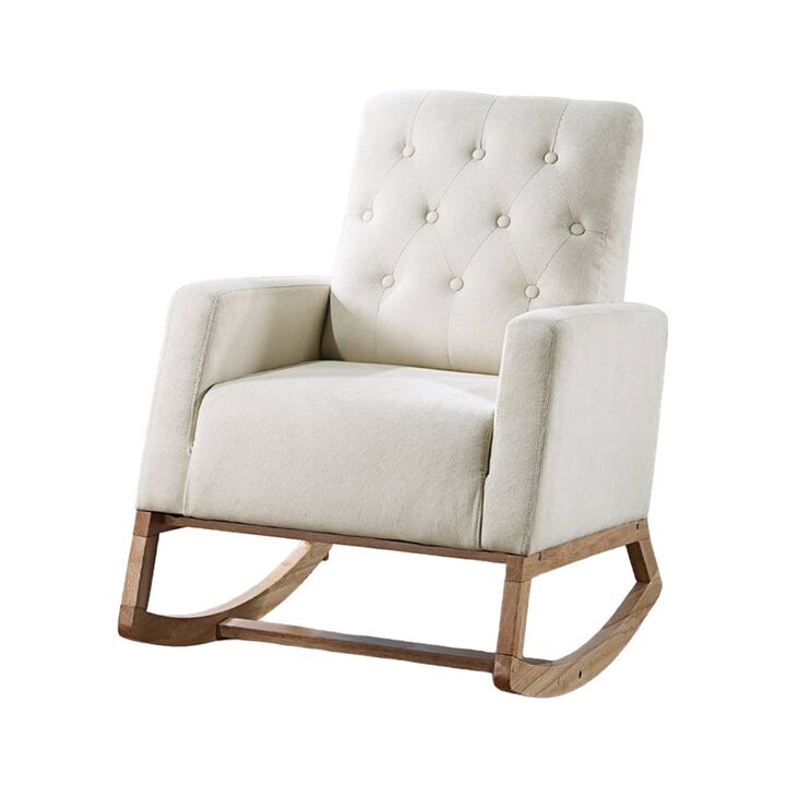 Clair Rocking Chair, Natural  Brown Solid Wood, Beige Button Tufted - Benzara