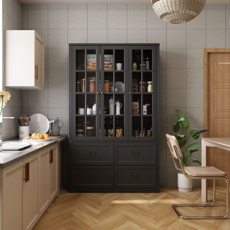 47.2 in. W x 78.7 in. Tall 8-Shelf Black Wood Standard Bookcase Bookshelf With Glass Doors, Adjustable Shelves, Drawers