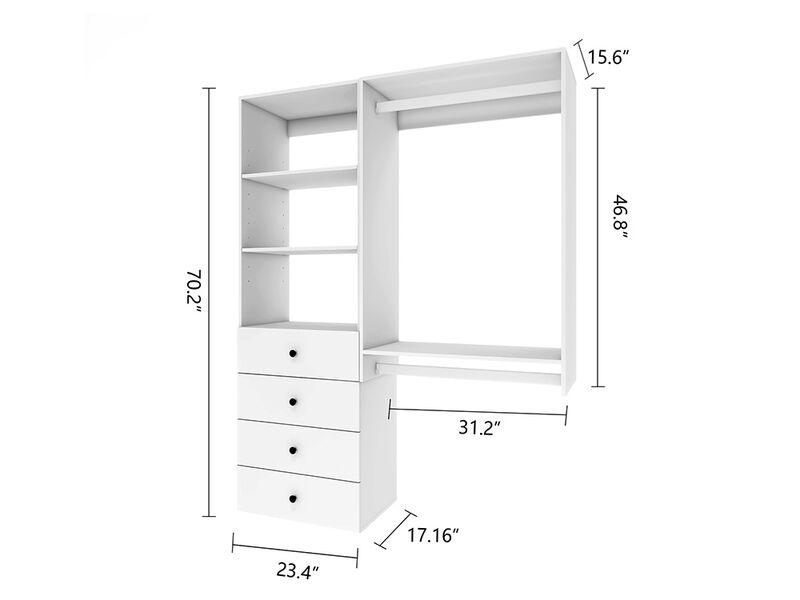 Closet Organizer System, Closet System with 4 Drawers, Walk in Closet Organizers and Storage with 3 Shelves Wall Mounted and 2  Clothing Racks, White Wardrobe Closet