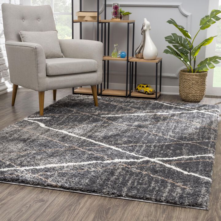 Retro Contemporary Geometric Shag Grey White Indoor Area Rug