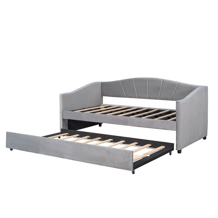Merax Upholstered Daybed Sofa Bed Twin Size With Trundle Bed and Wood Slat