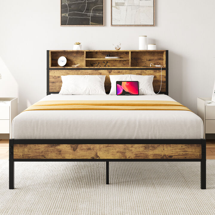 Hivvago FullSized Quick Assembly Heavy Duty Platform Bedframe with Charging Station