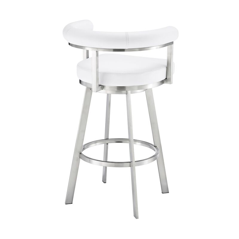 Gini 26 Inch Swivel Counter Stool, Round Back, Chrome, White Faux Leather - Benzara