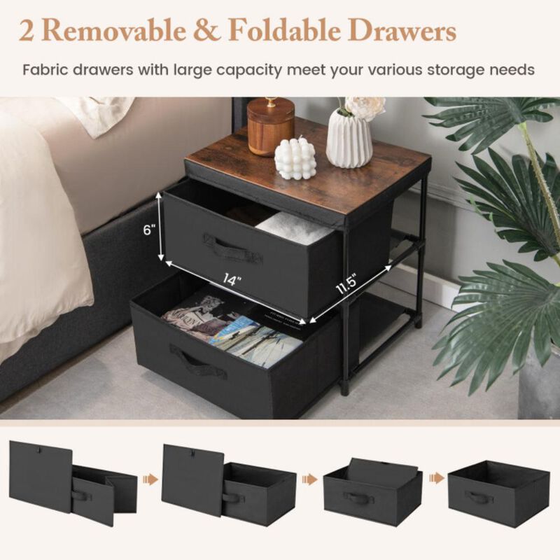 2-Drawer Nightstand with Removable Fabric Bins and Pull Handles Set of 2