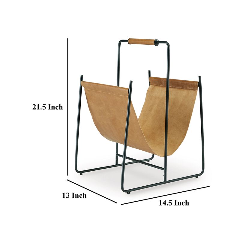 Faron Magazine File Rack with Handles, Black Metal, Brown Leather - Benzara