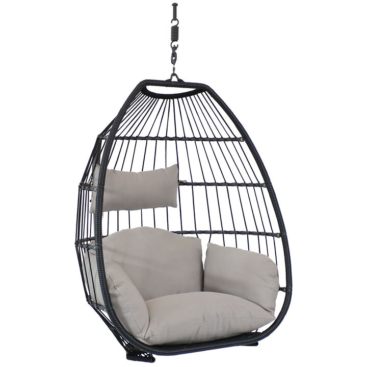 Sunnydaze Large Black Resin Wicker Hanging Egg Chair with Cushions - Gray Sunnydaze Large Black Resin Wicker Hanging Egg Chair with Cushions - Gray