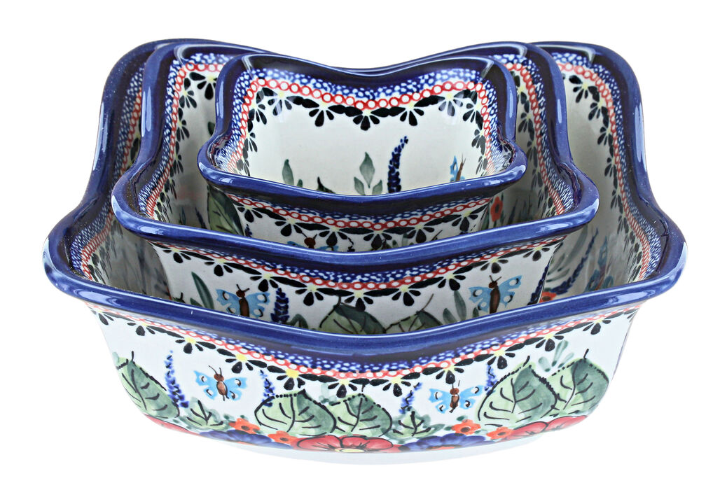 Blue Rose Polish Pottery Floral Butterfly 3 Piece Square Scallop Bowl Set