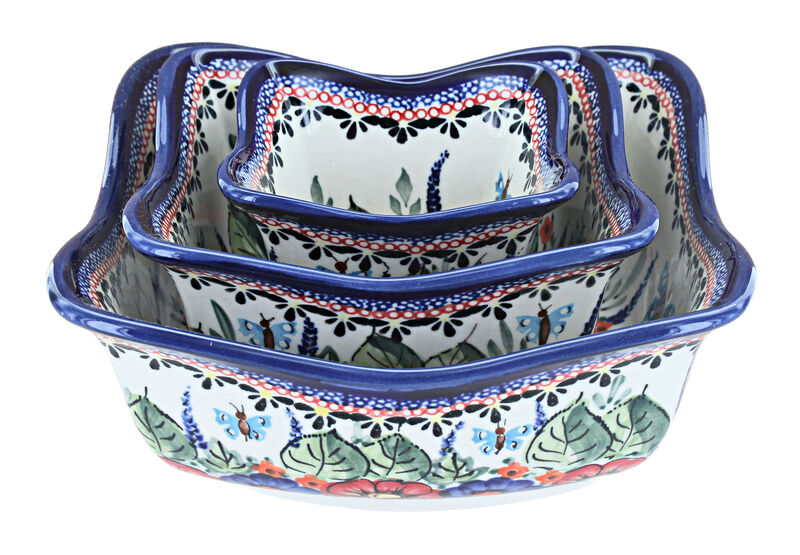 Blue Rose Polish Pottery Floral Butterfly 3 Piece Square Scallop Bowl Set