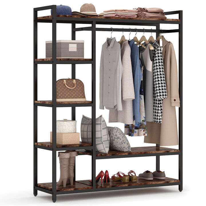Large Free-standing Closet, Standing Clothes Garment Rack, Organizer with 6 Storage Shelves and Hanging Bar
