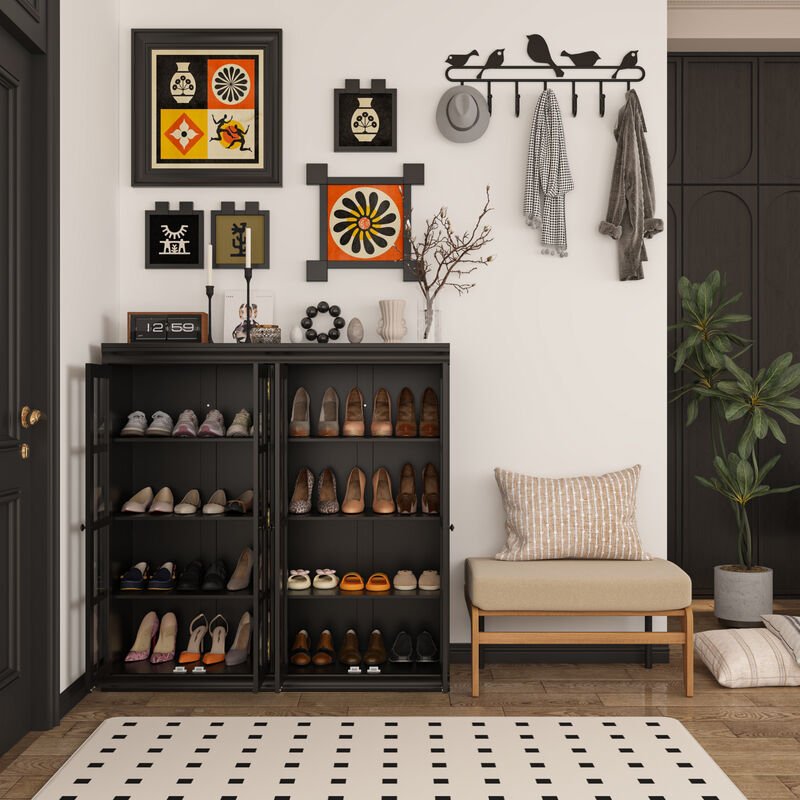 FUFU&GAGA Modern Black Shoe Cabinet with Glass Doors, Adjustable Shelves & Metal Handles (47.2" W x 15.7" D x 47.2" H), Black