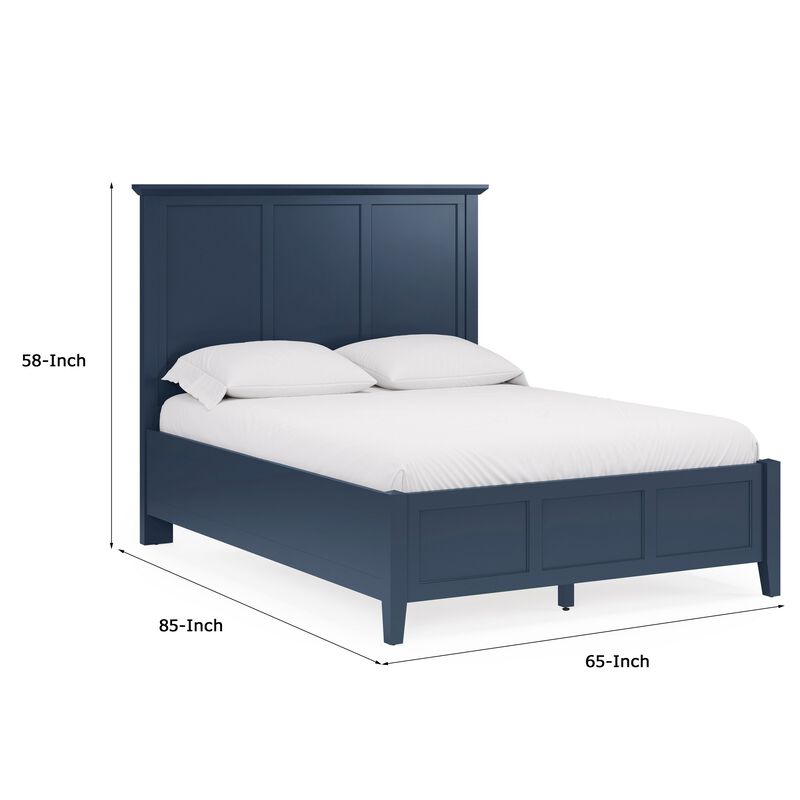 Fritz Queen Size Bed, Three Panel Design, Beveled Top, Solid Wood, Blue - Benzara