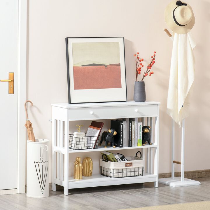White Modern Console: Table with Drawers and Shelves for Living Room