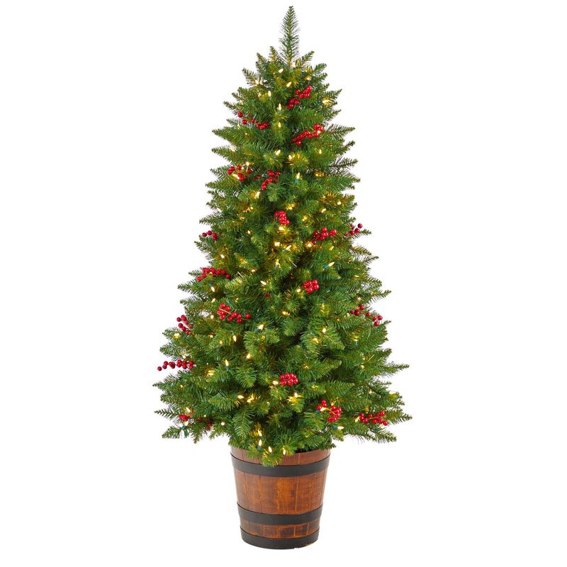 Nearly Natural 5-ft Colorado Aspen Pre-Lit Artificial Porch Christmas Tree with 200 LED lights, 426 Bendable Branches and Berries in Decorative Planter