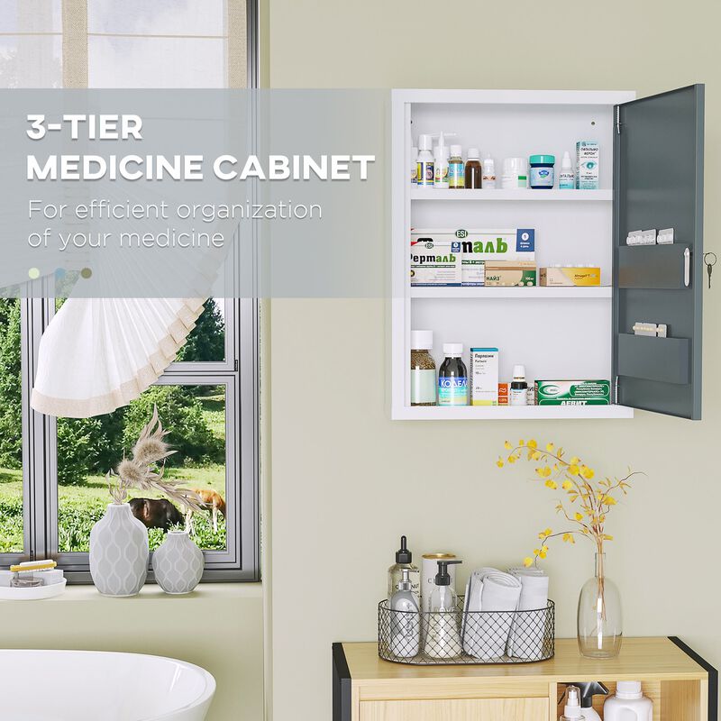White/Grey Wall Storage: Medicine Cabinet with Lock for Bathroom & Kitchen