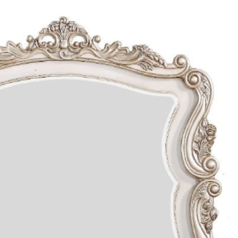 50 Inch Solid Wood Mirror, Scalloped, Scroll Ornate Trim, Antique White-Benzara