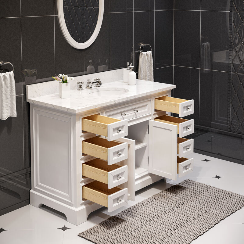 Derby 48 In. Single Sink Carrara White Marble Countertop Bath Vanity In Pure White