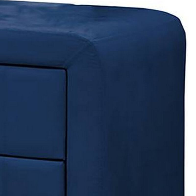 Rheo Nightstand, 2 Drawers, 22 Inch Upholstered in Navy Blue Velvet - Benzara