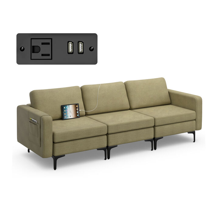 Convertible 3-Seat Sofa Couch with Magazine Pockets and 2 USB Ports for Modern Living Room
