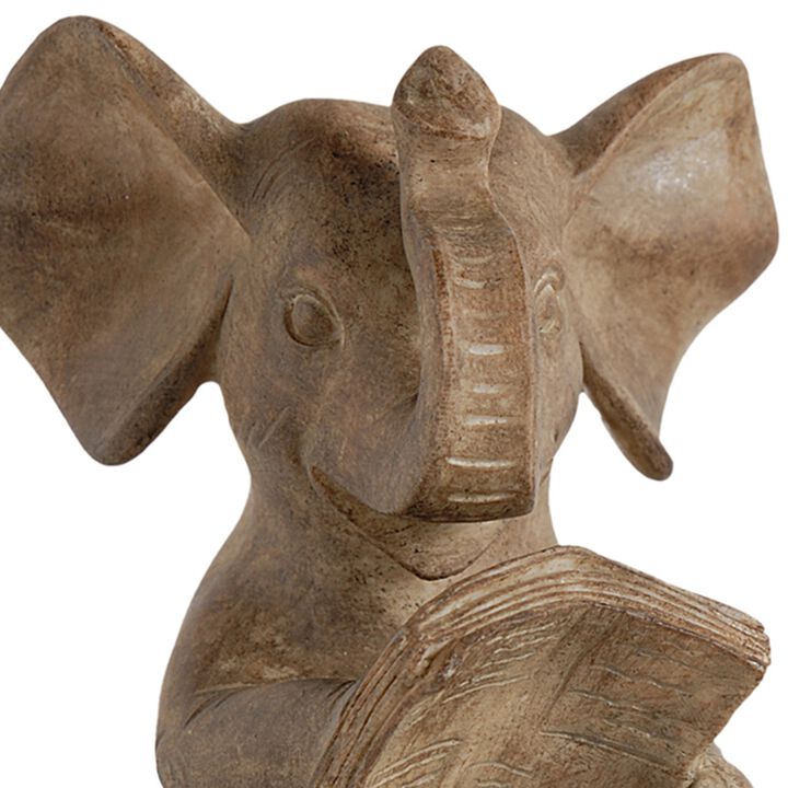 Ari Set of 2 Bookends, Reading Elephant Statuettes, Classic, Brown Resin - Benzara