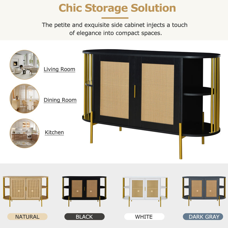 Clihome 2-Door Elegant Curved Dining Cabinet with Gold Trim and Woven Rattan Doors for Dining Room (Black)