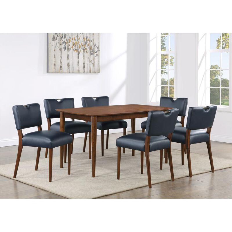 Comfort Pointe Bonito Midnight Blue Faux Leather 7PC Dining Set in Walnut Finish