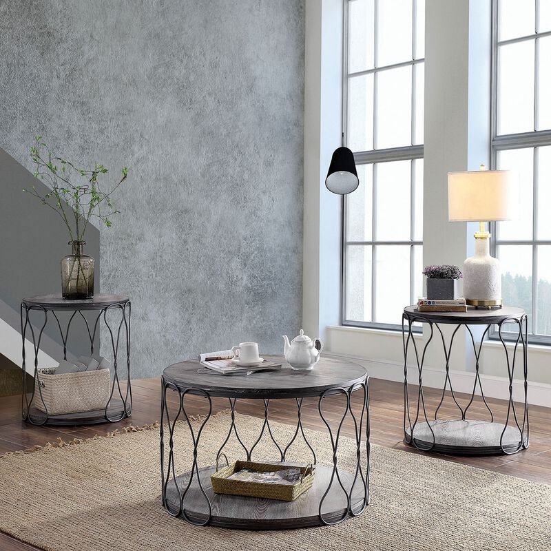 Round Industrial Style Metal and Solid Wood End Table with Open Bottom Shelf, Gray and Brown-Benzara