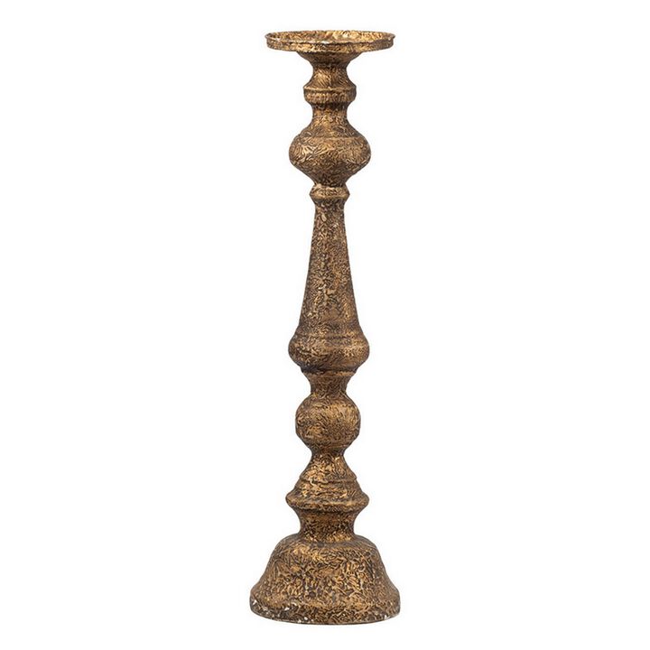 Mia 24 Inch Pillar Candle Holder, Antique Brass Metal, Turned Pedestal - Benzara