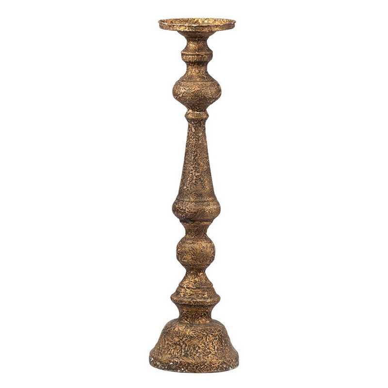 Mia 24 Inch Pillar Candle Holder, Antique Brass Metal, Turned Pedestal - Benzara