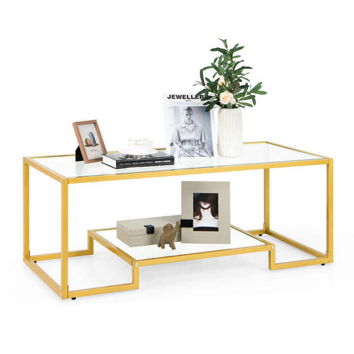 Modern 2-Tier Rectangular Coffee Table with Glass Table Top